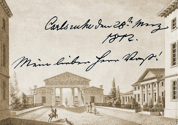 Montage: Brief von Friedrich Weinbrenner an Hans Vo&szlig; / zeitgen&ouml;ssische Ansicht des Ettlinger Tors in Karlsruhe