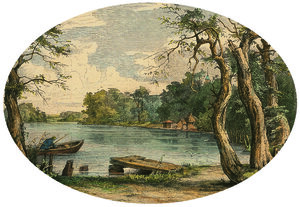 Bild vergr&ouml;&szlig;ern: Blick &uuml;ber den Eutiner See aus Vo&szlig;' Garten. Kolorierter Holzstich von Hinrich Wrage (1882). Aus Die Gartenlaube 291882. Bild Eutiner Landesbibliothek